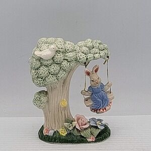 Easter Holiday Rabbit on Tree‎ Swing Porcelain Figurine Boy Bunny K's Collection